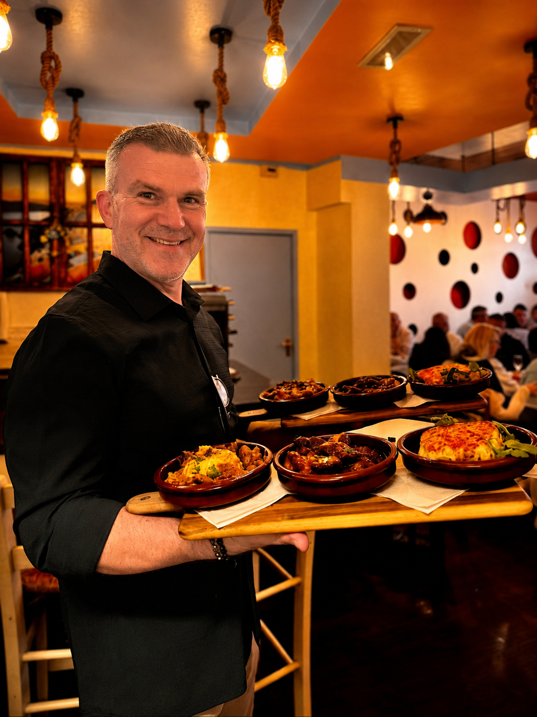 A member of the Island team presenting Greek dishes in the dining room