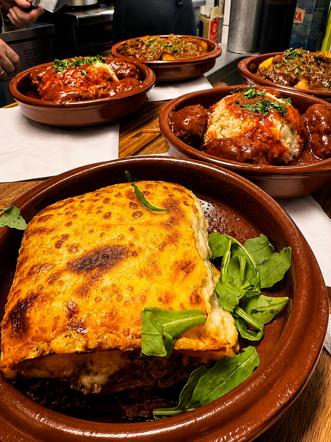 Oven-baked Greek dishes served in traditional terracotta bowls